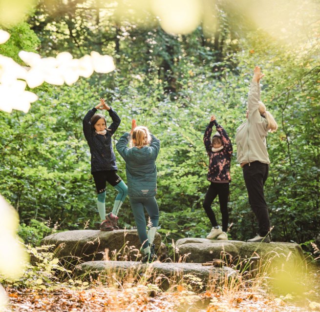 Familienzeit in der Natur: Yoga-Übungen auf großen Steinen mitten im Wald fördern die Balance und das Wohlbefinden. Ein erholsames Erlebnis für Groß und Klein.
, © TMV/Gross Eine Gruppe von Kindern und einem Erwachsenen praktiziert Yoga im Wald, stehend auf großen Steinen, umgeben von grünem Laub.