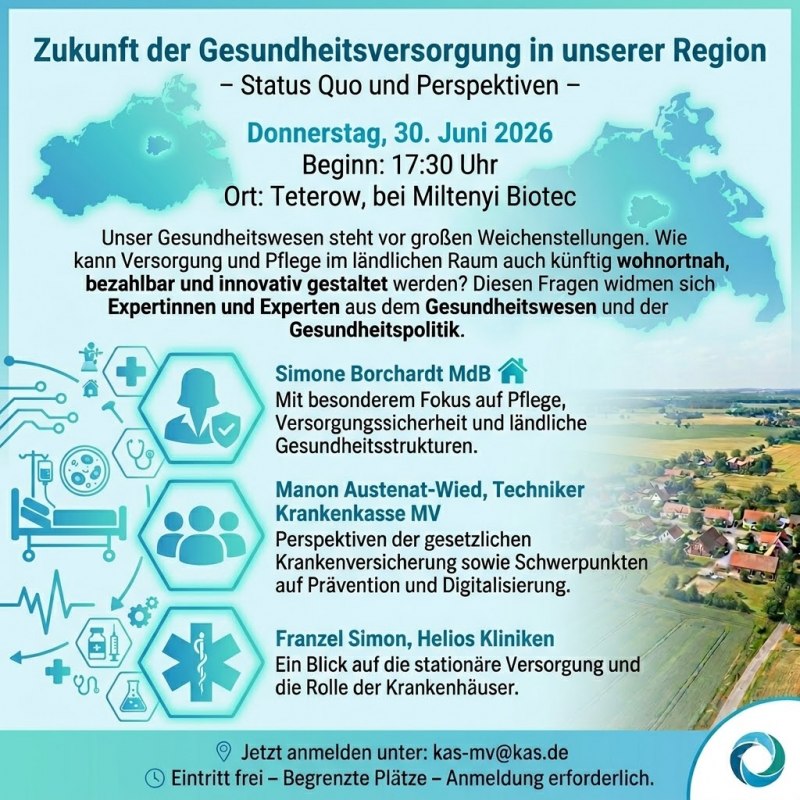 Veranstaltungs Informationen G&auml;ste: Simone Borchardt MdBGesundheitspolitische Sprecherin der CDU/CSU-BundestagsfraktionManon Austenat-WiedLeiterin Landesvertretung M-V Techniker KrankenkasseFranzel SimonHelios Kliniken GmbH // &copy; KAS M-V