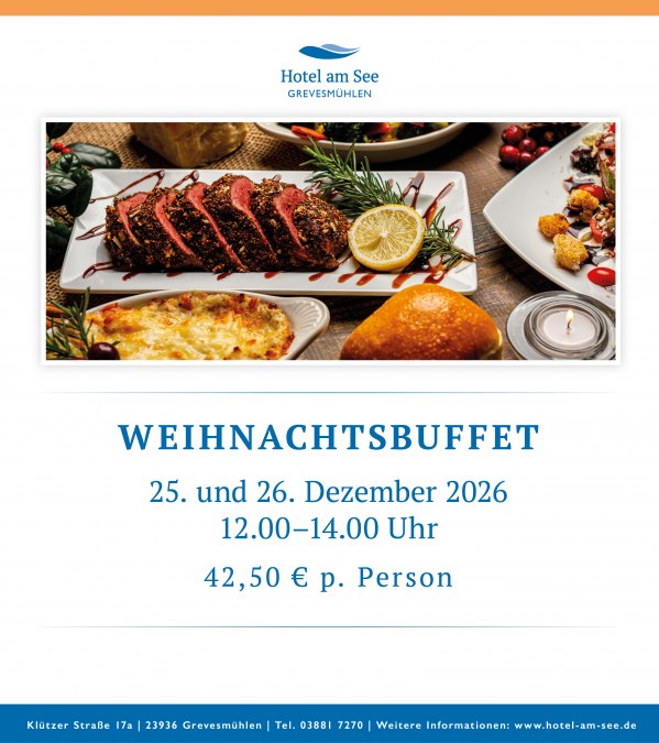 Festlich gedeckter Tisch mit traditionellen Weihnachtsgerichten, Salaten und süßen Leckereien, ansprechend arrangiert., © spreepiraten®