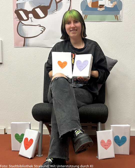 Eine Mitarbeiterin der Stadtbibliothek Stralsund sitzt auf einem Sessel und zeigt verpackte und mit einem Herz verzierte B&uuml;cher, &copy; Stadtbibliothek Stralsund