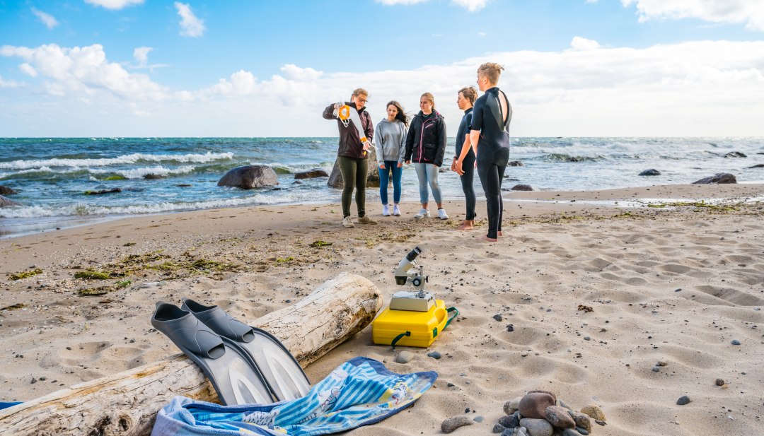 Mit den Urlaubsrangern am Strand von G&ouml;hren - Kinder stehen mit einer Rangerin am Strand und forschen.