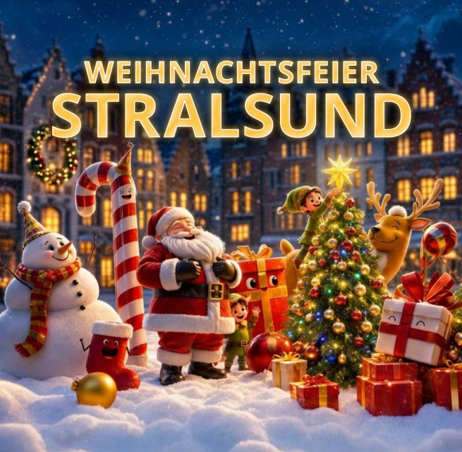 Weihnachtsfeier Stralsund inkl. Buffet, Getr&auml;nkeflatrate und Showprogramm // &copy; Ikovera UG (KI-bearbeitet)