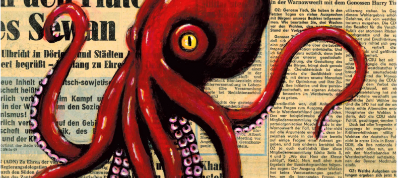 Ein gro&szlig;e rote Krake wurde auf eine historische Ostseezeitung gemalt. // &copy; Ranko Strey