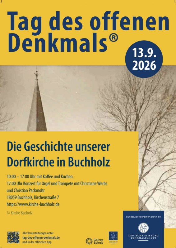 Einladung Dorfkirche Buchholz zum Tag des offenen Denkmals // © Förderverein zur Erhaltung der Dorfkirche Buchholz e. V. Einladung Dorfkirche Buchholz zum Tag des offenen Denkmals // © Förderverein zur Erhaltung der Dorfkirche Buchholz e. V.