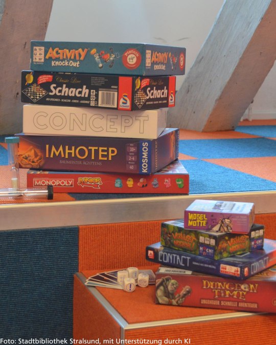 Mehrere Brettspiele aufeinandergestapelt, © Stadtbibliothek Stralsund Mehrere Brettspiele aufeinandergestapelt, © Stadtbibliothek Stralsund