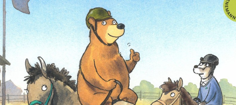 Buchcover: Dr. Brumm und zwei Freunde sitzen auf einem Pony; Dr. Brumm sitzt verkehrt herum // &copy; Stadtbibliothek Stralsund