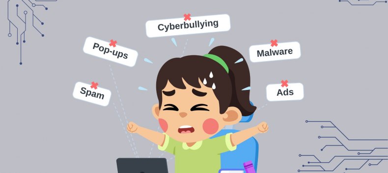 Ein Kind wird mit Begriffen wie "Cybermobbing", "Werbung" oder "Malware" kofrontiert. Es sitzt vor einem Laptop und hat einen gestressten Gesichtsausdruck. // © Stadtbibliothek Stralsund Ein Kind wird mit Begriffen wie "Cybermobbing", "Werbung" oder "Malware" kofrontiert. Es sitzt vor einem Laptop und hat einen gestressten Gesichtsausdruck. // © Stadtbibliothek Stralsund