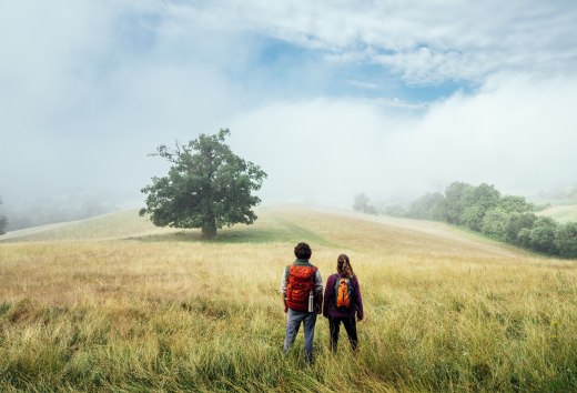 Der Naturparkweg in der Mecklenburgischen Schweiz - ein Paar steht auf einem flachen H&uuml;gel im Morgennebel