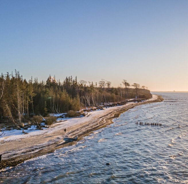 Winterlicher Strand bei Torfbr&uuml;cke Graal-M&uuml;ritz mit schneebedeckten B&auml;umen, glitzernder Ostsee und einem Sonnenuntergang am Horizont.