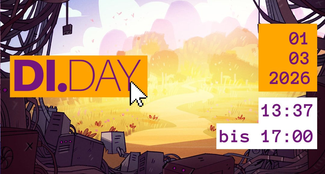 Veranstaltungsbanner f&uuml;r den 'DI.DAY' am 01.03.2026 von 13:37 bis 17:00 Uhr. Die Grafik zeigt einen &Uuml;bergang von dunklem Kabelsalat zu einer hellen Fantasielandschaft., &copy; Illustration im Bild: Florian Biege f&uuml;r di.day