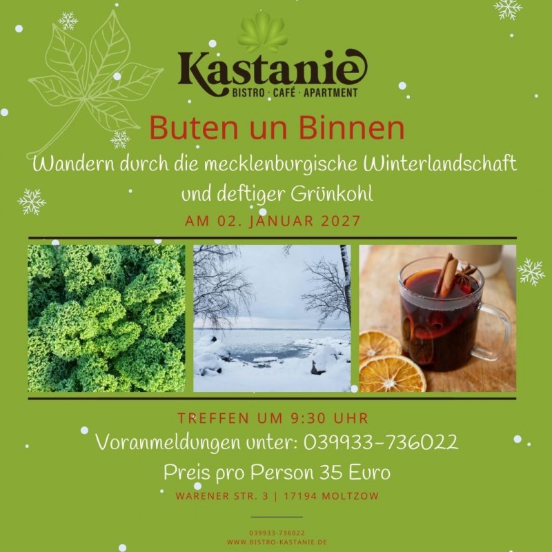 We wandelen door Mecklenburgische Schweiz in weer en wind (ook buiten de gebaande paden) onder begeleiding van een ranger van het Natuurpark Mecklenburgische Schweiz en het Kummerow-meer.
Tijdens onze ongeveer 3 uur durende wandeling kun je veel informatie verwachten over onze flora en fauna. Halverwege de wandeling krijg je ook verwarmende drankjes.
Na de wandeling wacht je een stevig boerenkoolbuffet bij de open haard. // &copy; Nicole Giese