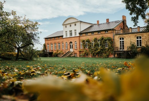 Backstein-Gutshaus mit Weinbewuchs und Freitreppe in herbstlicher Parklandschaft in Vorpommern unter leicht bewölktem Himmel.