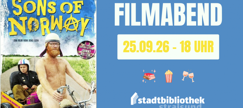 Abgebildet ist das Film-Cover von &bdquo;Sons of Norway&ldquo;. Ein unbekleideter Mann f&auml;hrt Motorrad und im Motorrad-Anh&auml;nger hockt ein Kind. // &copy; filmfriend