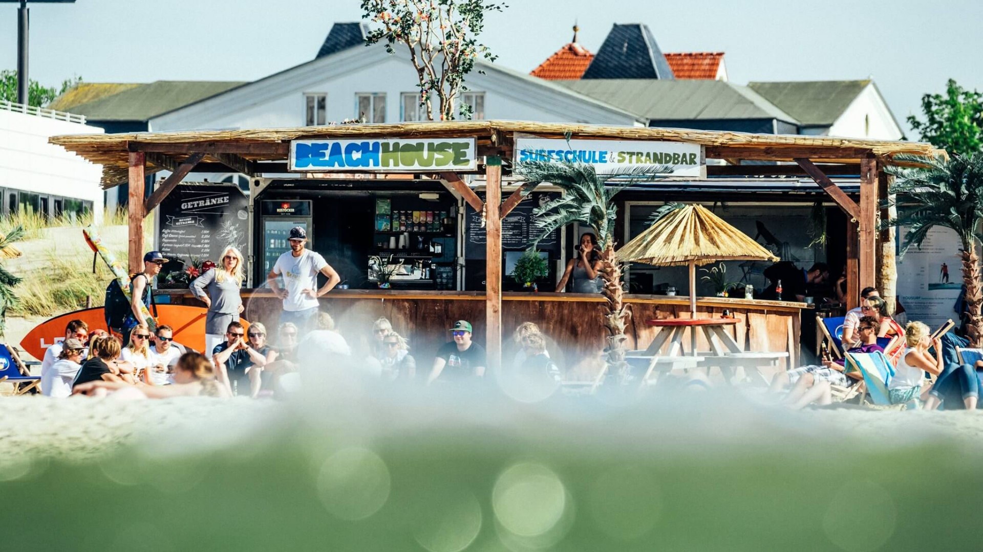 Surfen, Sonne und Strandfeeling – Im Supremesurf Beachhouse direkt an der Promenade von Warnemünde treffen sich Wassersportfans und Sonnenanbeter zum Chillen und Genießen., © TMV/Supremesurf Sommerliche Szene mit Gästen vor dem Supremesurf Beachhouse in Warnemünde, umgeben von Surfbrettern, Palmen und Liegestühlen.