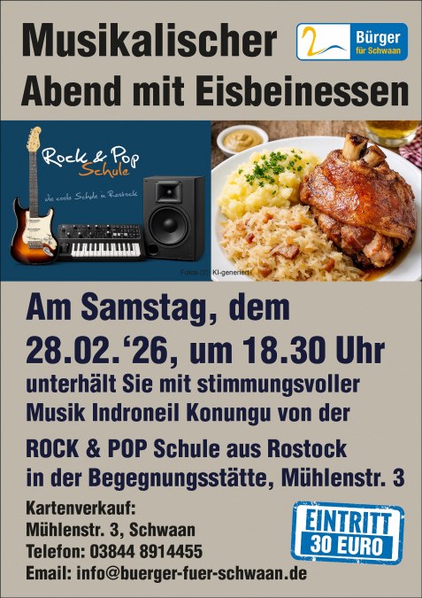 Plakat Musikalischer Abend 28022026 12 cm Rahmen, © bürger für schwaan Plakat Musikalischer Abend 28022026 12 cm Rahmen, © bürger für schwaan