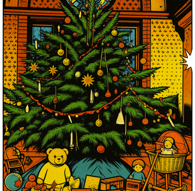 Der Weihnachtsbaum im Festsaal des Möckelhauses im Stil einer Zeichnung aus einem Märchenbuch. // © Stadt- und Bädermuseum Bad Doberan Der Weihnachtsbaum im Festsaal des Möckelhauses im Stil einer Zeichnung aus einem Märchenbuch. // © Stadt- und Bädermuseum Bad Doberan