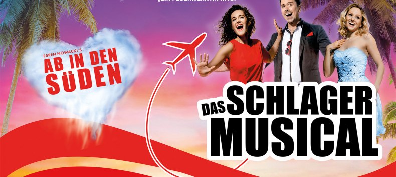 Een kleurrijke reclameposter voor de musical „Op naar het zuiden – De Schlager-musical“. Tegen een tropische achtergrond met palmbomen en een zonsondergang zijn drie vrolijk zingende personen te zien. Een gestileerd vliegtuig en de slogan „Een vuurwerk aan hits!“ onderstrepen het zomerse vakantie- en schlager-thema. // © LE Agentur Een kleurrijke reclameposter voor de musical „Op naar het zuiden – De Schlager-musical“. Tegen een tropische achtergrond met palmbomen en een zonsondergang zijn drie vrolijk zingende personen te zien. Een gestileerd vliegtuig en de slogan „Een vuurwerk aan hits!“ onderstrepen het zomerse vakantie- en schlager-thema. // © LE Agentur