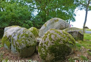 Blick auf einige Steine des Gro&szlig;steingrabes "Goldbusch" mit Infotafel, &copy; Arch&auml;o Tour R&uuml;gen