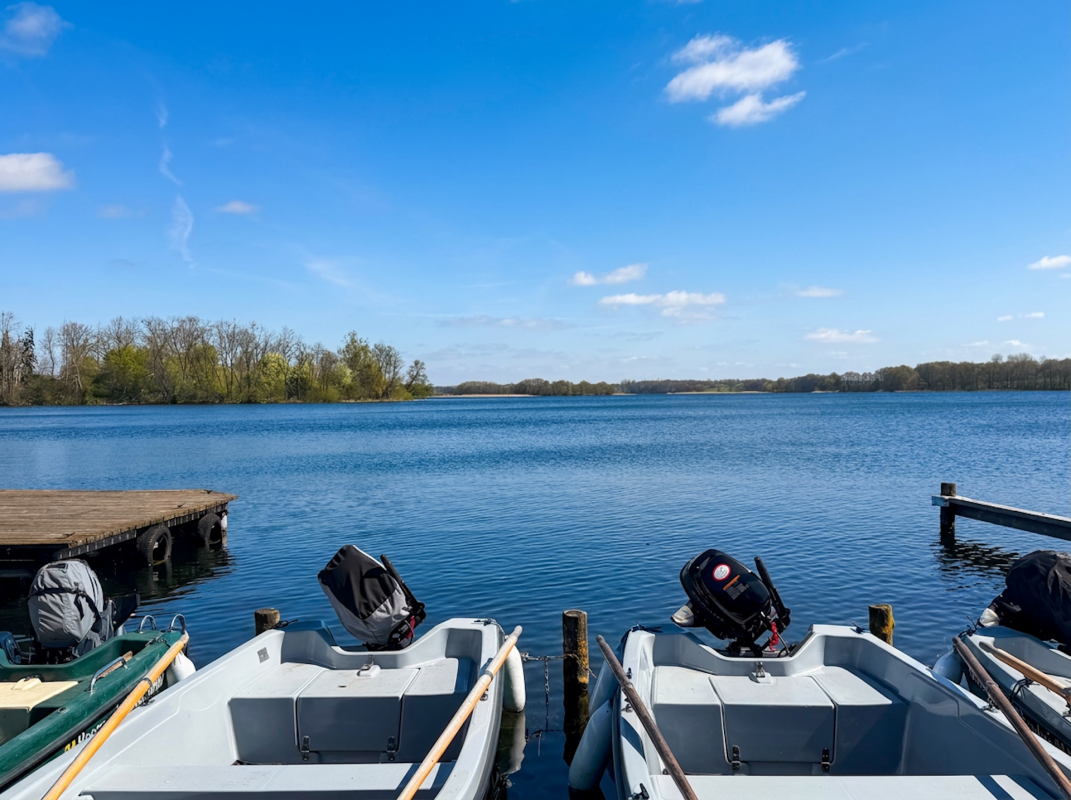 Blick vom Bootssteg über den Krakower See bei strahlendem Sonnenschein. Im Vordergrund liegen mehrere Ruder- und Motorboote der Bootsvermietung der Feriensiedlung Kiefernhain am Steg, Im Hintergrund erstreckt sich die weite, ruhige Wasserfläche mit bewaldeten Ufern. // © Feriensiedlung Kiefernhain Blick vom Bootssteg über den Krakower See bei strahlendem Sonnenschein. Im Vordergrund liegen mehrere Ruder- und Motorboote der Bootsvermietung der Feriensiedlung Kiefernhain am Steg, Im Hintergrund erstreckt sich die weite, ruhige Wasserfläche mit bewaldeten Ufern. // © Feriensiedlung Kiefernhain