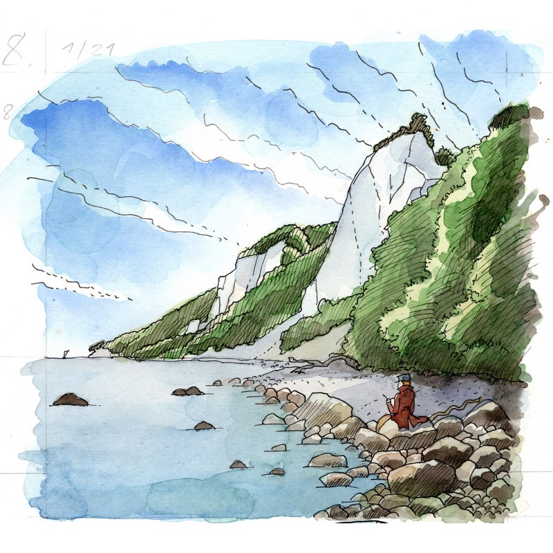 Zeichnung, wie Caspar David Friedrich damals unterhalb des Königsstuhls zum Skizzen zeichnen gesessen haben könnte. // © Jakob Knapp Zeichnung, wie Caspar David Friedrich damals unterhalb des Königsstuhls zum Skizzen zeichnen gesessen haben könnte. // © Jakob Knapp