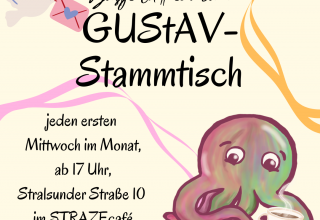 Vores maskot Gustje, en farvestrålende blæksprutte, inviterer til GUStAV-stammtisch i STRAZEcafé. // © GUStAV / Lark M. Toda Vores maskot Gustje, en farvestrålende blæksprutte, inviterer til GUStAV-stammtisch i STRAZEcafé. // © GUStAV / Lark M. Toda
