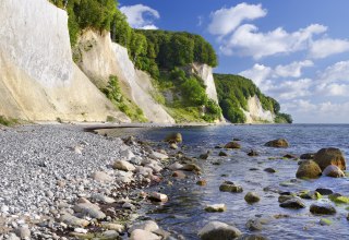 Runde Steine s&auml;umen den Strand, sanfte Wellen umsp&uuml;len moosbedeckte Findlinge. Die wei&szlig;en Kreidefelsen des Nationalparks Jasmund ragen majest&auml;tisch &uuml;ber der Ostsee auf, gekr&ouml;nt von sattem Buchengr&uuml;n. Ein Ort, an dem Stille h&ouml;rbar wird und die Kraft der Natur sp&uuml;rbar bleibt. // &copy; Francesco Carovillano