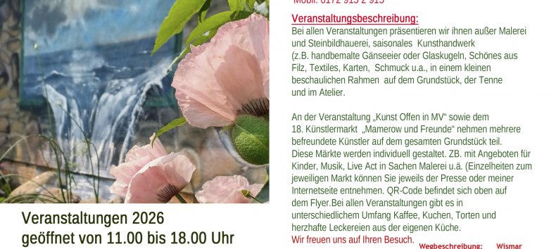 Veranstaltung 2026 Kunst und Kunsthandwerk sowie Offene Gärten, © Annette Mamerow-Brümmer Veranstaltung 2026 Kunst und Kunsthandwerk sowie Offene Gärten, © Annette Mamerow-Brümmer