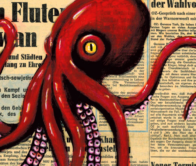 Auf einer historischen Ostseezeitung ist ein gro&szlig;er roter Krake aufgemalt. // &copy; Ranko Strey