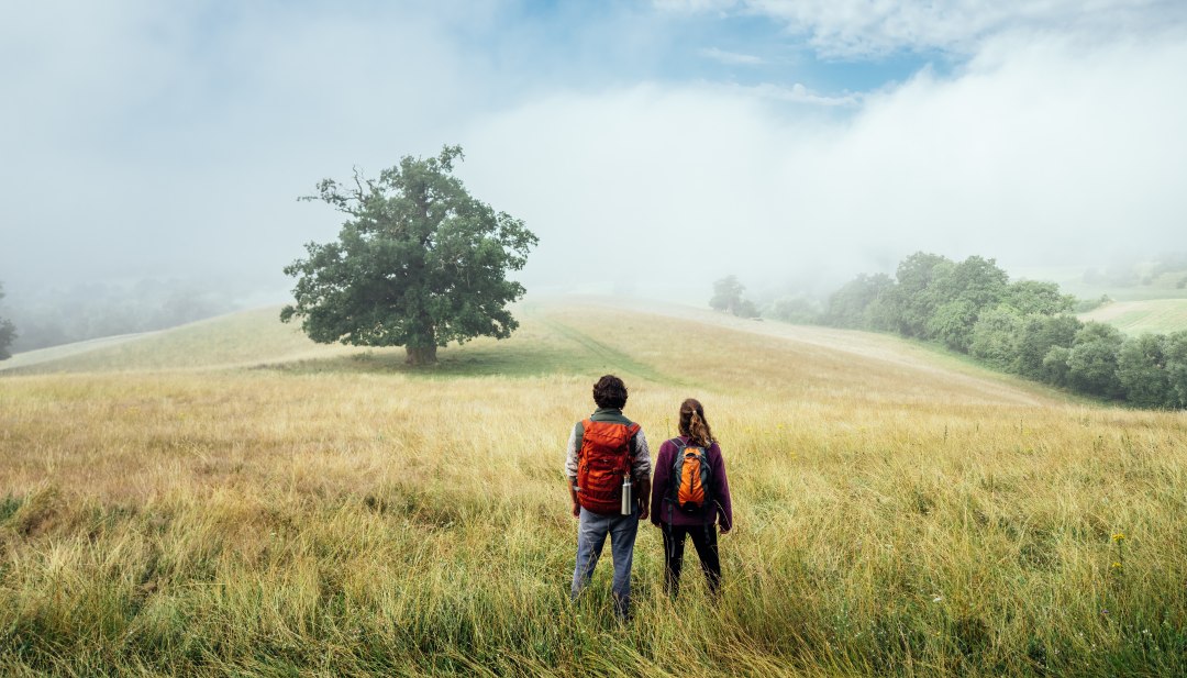 Der Naturparkweg in der Mecklenburgischen Schweiz - ein Paar steht auf einem flachen Hügel im Morgennebel