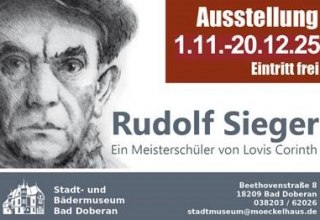 Selbstporträt, Radierung R. Sieger mit Details zur Ausstellungsdauer, © Stadt- und Bädermuseum Bad Doberan