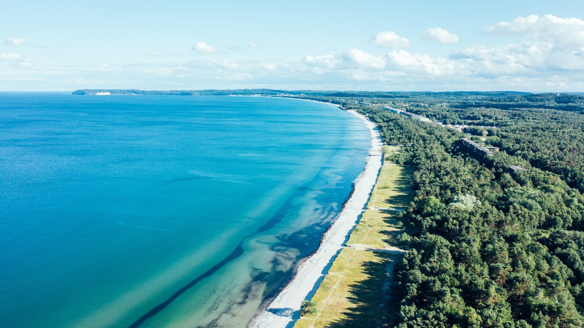 Luftaufnahme der Ostseek&uuml;ste auf R&uuml;gen mit klarem t&uuml;rkisblauem Wasser, hellem Sandstrand und angrenzendem K&uuml;stenwald.