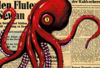 Auf einer historischen Ostseezeitung ist ein großer roter Krake aufgemalt. // © Ranko Strey Auf einer historischen Ostseezeitung ist ein großer roter Krake aufgemalt. // © Ranko Strey