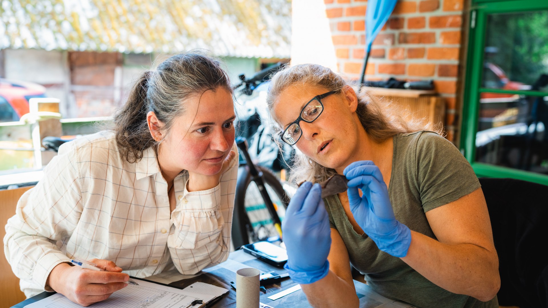 Zwei Frauen pr&uuml;fen eine Fledermaus in blauen Handschuhen und notieren Daten am Tisch in einer Naturschutzstation.