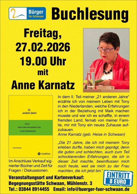 Plakat Buchlesung Anne Karnatz 27022026 12 cm Rahmen, &copy; B&uuml;rger f&uuml;r Schwaan e.V.