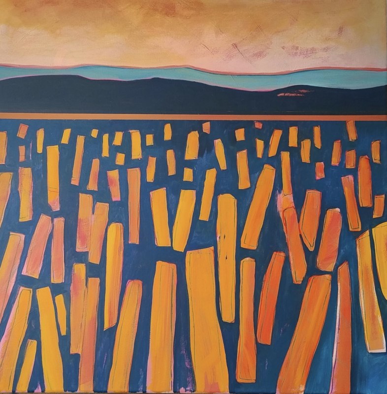 Orange unter blau, Stoppelfeld (2024) 80x80 cm Acryl auf Leinwand // &copy; Kai Hoge