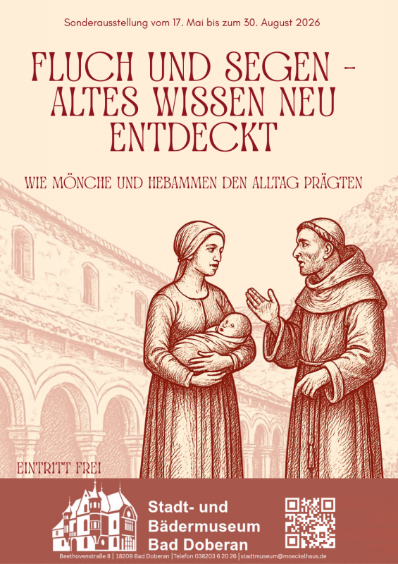 Ein M&ouml;nch und eine Hebamme mit einem S&auml;ugling auf dem Arm sind in ein Gespr&auml;ch vertieft. // &copy; Stadt- und B&auml;dermuseum Bad Doberan