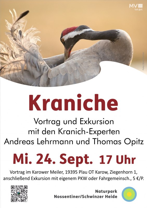 Plakat zum Vortrag und Exkursion "Kraniche" // © Knut Fischer / Evelin Kartheuser Plakat zum Vortrag und Exkursion "Kraniche" // © Knut Fischer / Evelin Kartheuser