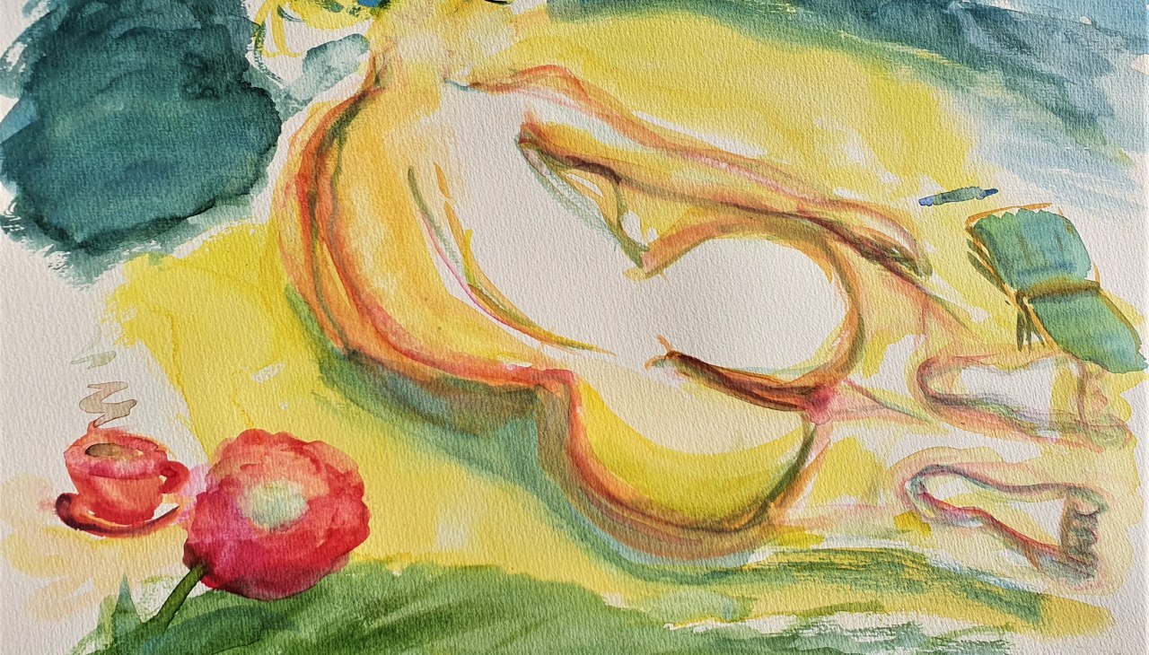 weiblicher Akt am Strand von Bansin, mit Buch und Schreibstift und Cappuccinotasse Aquarellmischtechnik mit Farben und Stiften auf Papier, © Heike Dittrich weiblicher Akt am Strand von Bansin, mit Buch und Schreibstift und Cappuccinotasse Aquarellmischtechnik mit Farben und Stiften auf Papier, © Heike Dittrich