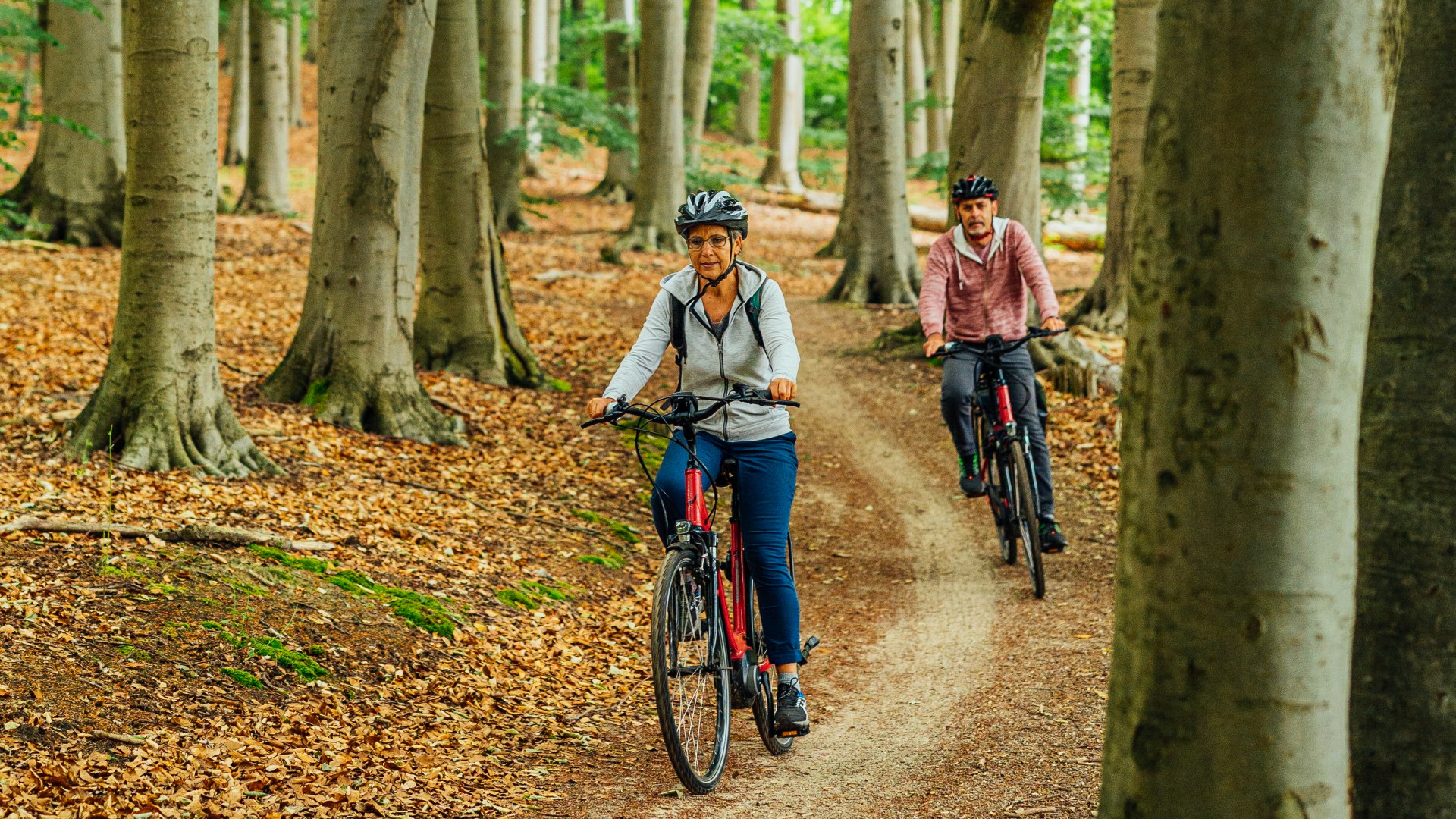 Ein Paar f&auml;hrt durch den Wald auf Waldwegen mit E-Bikes