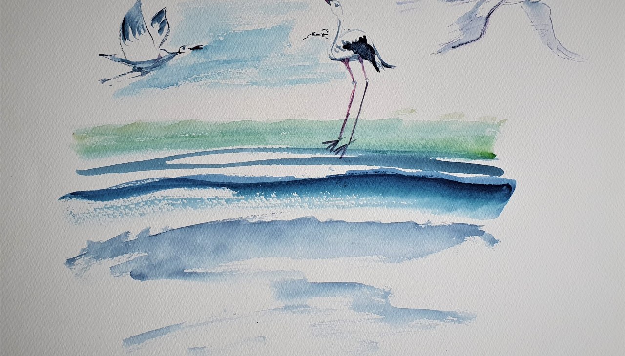 Vlucht en landing van ooievaars aan zeeWaterverf techniek op papier, © Heike Dittrich Vlucht en landing van ooievaars aan zeeWaterverf techniek op papier, © Heike Dittrich