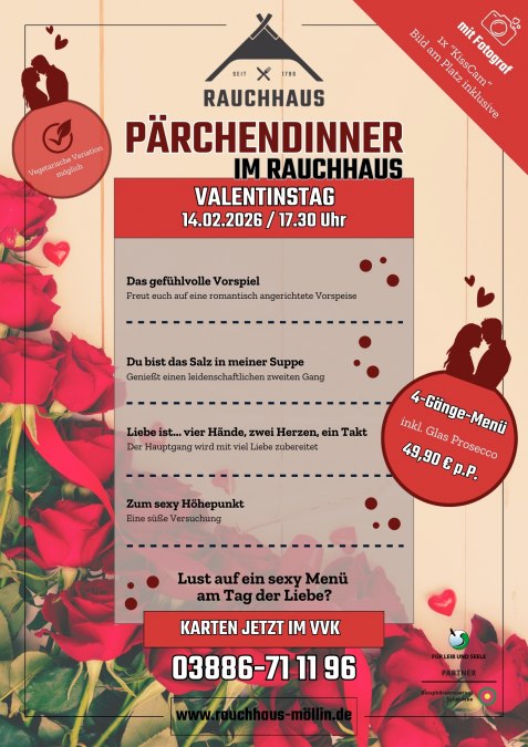 P&auml;rchendinner im Rauchhaus, &copy; Rauchhaus M&ouml;llin