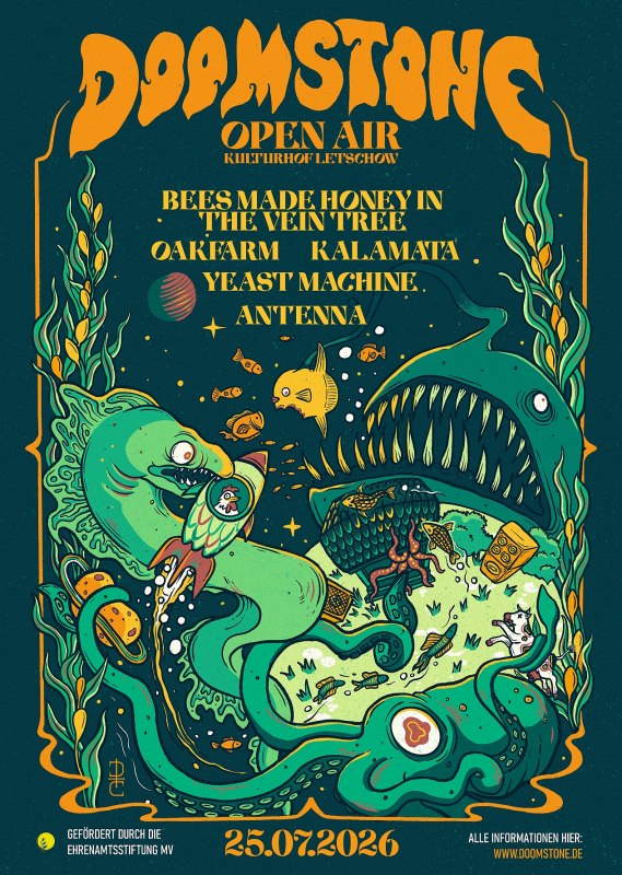 Festival Plakat. 25.07.2026. Doomstone Open Air. Kulturhof Letschow. Bees Made Honey In The Vein Tree, Oakfarm, Kalamata, Yeast Machine, Antenna // © @doomed_creations Festival Plakat. 25.07.2026. Doomstone Open Air. Kulturhof Letschow. Bees Made Honey In The Vein Tree, Oakfarm, Kalamata, Yeast Machine, Antenna // © @doomed_creations