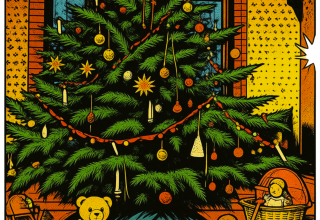 Der Weihnachtsbaum im Festsaal des M&ouml;ckelhauses im Stil einer Zeichnung aus einem M&auml;rchenbuch. // &copy; Stadt- und B&auml;dermuseum Bad Doberan