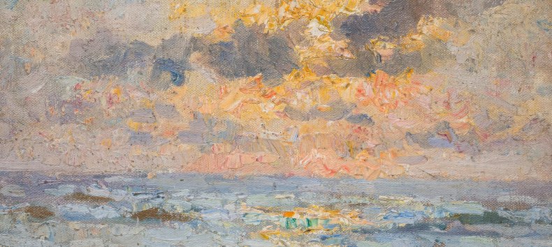Meeresbrandung bei Sonnenuntergang, Öl auf Leinwand, 25 x 28 cm. Katwijks Museum, Sammlung Genootschap Oud Katwijk, Inv.Nr. 6633, Schenkung Dietrich B // © Dietrich B Meeresbrandung bei Sonnenuntergang, Öl auf Leinwand, 25 x 28 cm. Katwijks Museum, Sammlung Genootschap Oud Katwijk, Inv.Nr. 6633, Schenkung Dietrich B // © Dietrich B