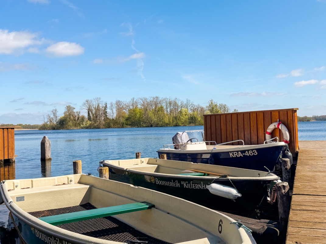 Reihe von Ruderbooten und einem Motorboot der Bootsvermietung der Feriensiedlung Kiefernhain am hölzernen Bootssteg, im Hintergrund der Krakower See mit grünen Uferbereichen unter blauem Himmel. // © Feriensiedlung Kiefernhain Reihe von Ruderbooten und einem Motorboot der Bootsvermietung der Feriensiedlung Kiefernhain am hölzernen Bootssteg, im Hintergrund der Krakower See mit grünen Uferbereichen unter blauem Himmel. // © Feriensiedlung Kiefernhain