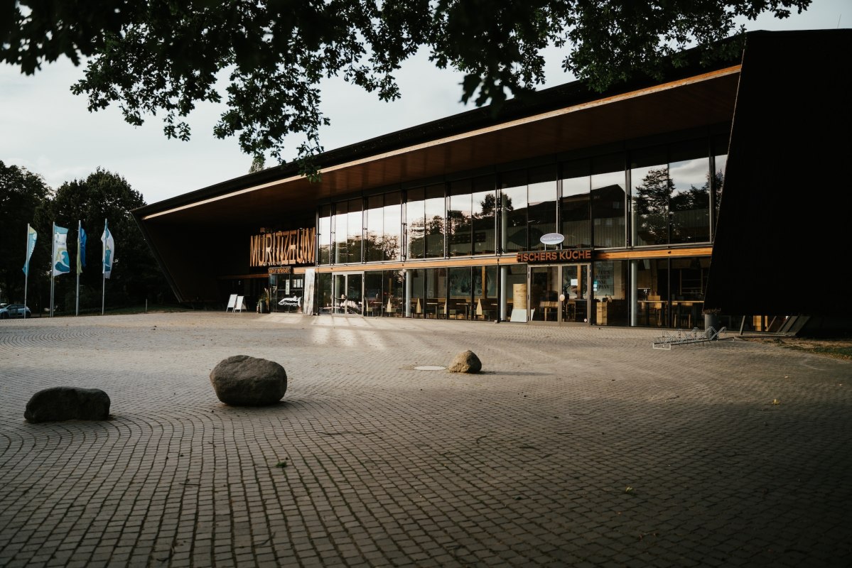 Moderne Architektur trifft auf Naturerlebnis: Das M&uuml;ritzeum in Waren (M&uuml;ritz) verbindet Holz und Glas zu einem einladenden Ensemble. Hinter der Fassade wartet Deutschlands gr&ouml;&szlig;tes Aquarium f&uuml;r heimische S&uuml;&szlig;wasserfische. Findlinge auf dem Vorplatz erinnern an die Eiszeit &ndash; ein Ort, der Wissen lebendig werden l&auml;sst. // &copy; 1000seen.de