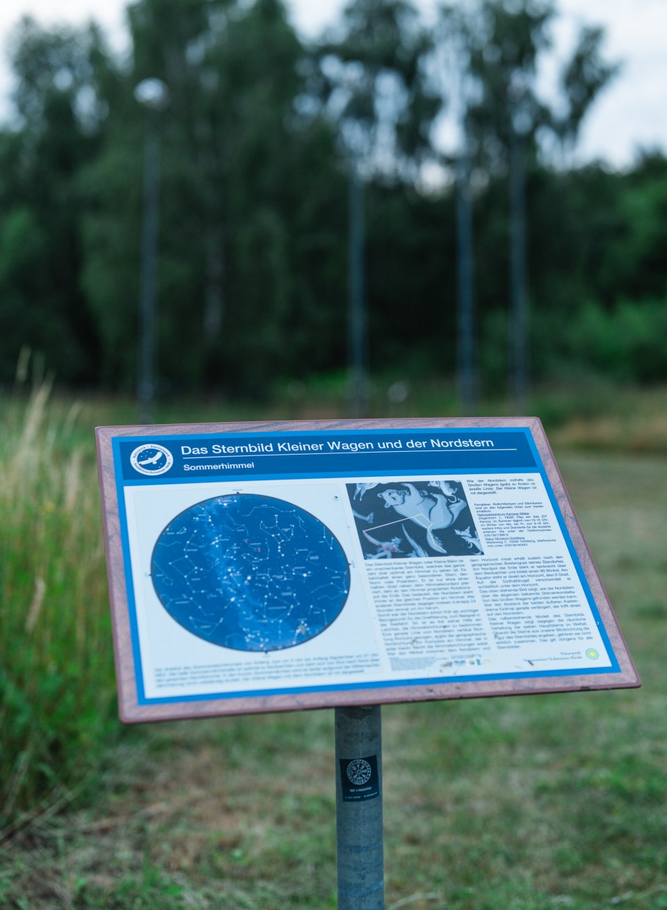 Een informatiebord met een sterrenkaart van de Kleine Beer en de Poolster staat aan de rand van een weide, met het bos vaag op de achtergrond. // Op het informatiebord staan het Kleine Wagen en de Poolster afgebeeld – een startpunt voor een nacht op een van de voor het publiek toegankelijke sterrenkijkplekken in Mecklenburg-Vorpommern. // © MV-T/Gross Een informatiebord met een sterrenkaart van de Kleine Beer en de Poolster staat aan de rand van een weide, met het bos vaag op de achtergrond.