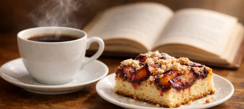 Sonntagskaffee & Buch, &copy; KI-generierte Bildkomposition