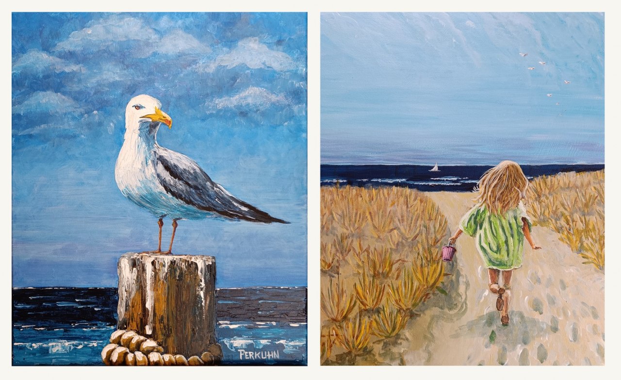 zwei handgemalte Acrylbilder auf Leinwand, "M&ouml;we auf Beobachtungsposten" und "M&auml;dchen auf dem Weg zum Strand" // &copy; Ren&eacute; Perkuhn