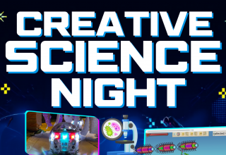 Abgebildet ist der Titel der Veranstaltung "Creative Science Night". Darunter sind kleine Roboter "Ozobots". // &copy; Stadtbibliothek Stralsund